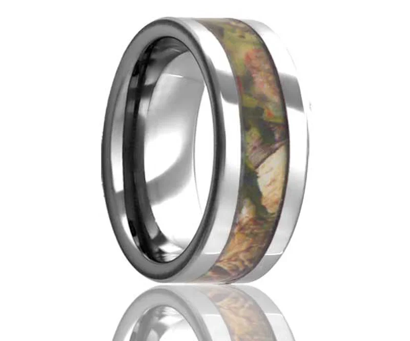 Rings For Stout Digits-Flat Edge Woodland Pine Tungsten Ring