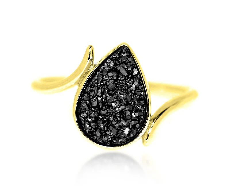 Rings For Lean Hands-Bypass Teardrop Black Druzy 14K Gold Ring