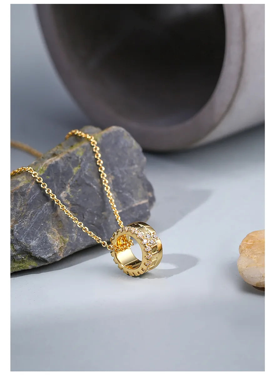 Necklaces For Open Nights-Elegant Shiny Circle Copper Plating Inlay Zircon 18k Gold Plated Pendant Necklace