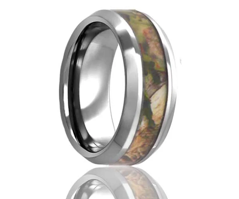 Rings Comfort Rituals-Beveled Edge Woodland Pine Camo Tungsten Ring