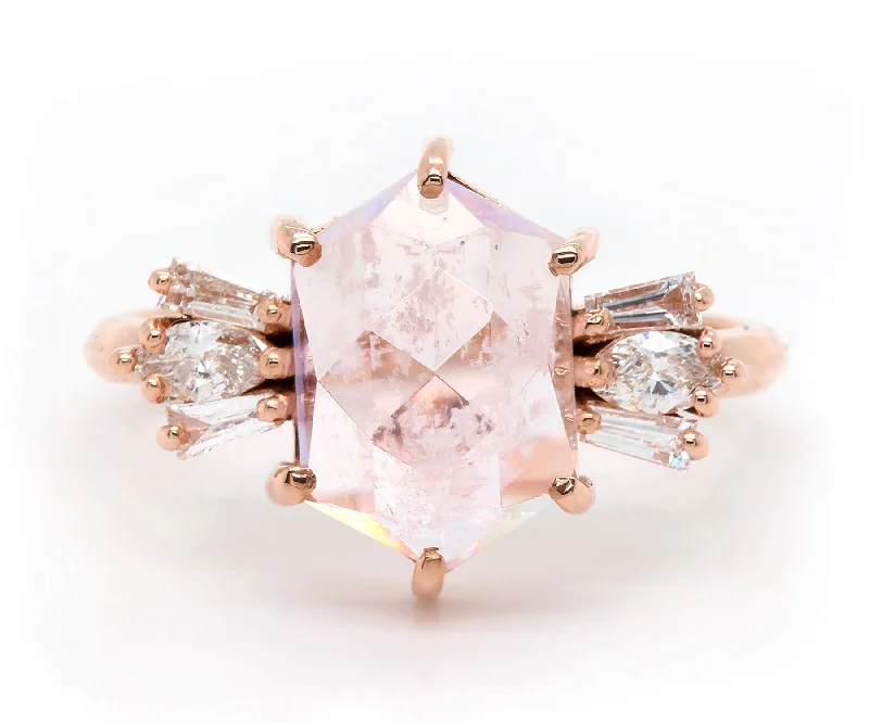 Rings With Electric Hues-Geometric Morganite Diamond Art Deco Rose Gold Ring