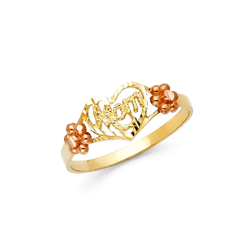 Rings For Tea Rituals-14K Solid Gold Heart With Flowers Mom Ring