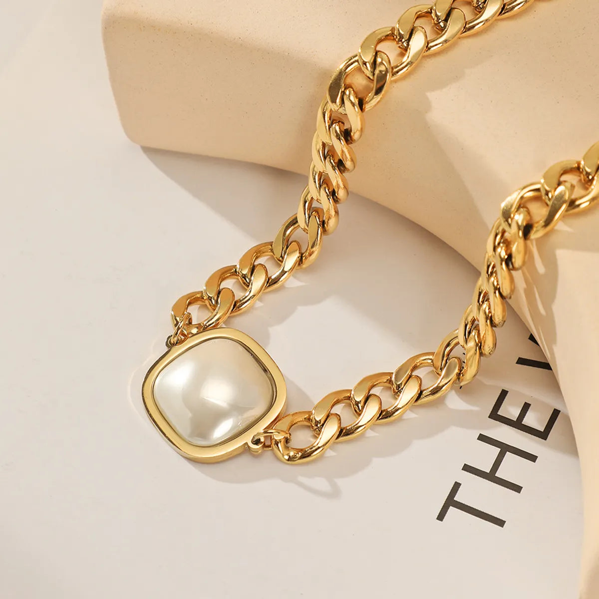 Necklaces For Cold Shine-Hip-hop Square Stainless Steel Gold Plated Artificial Pearls Necklace