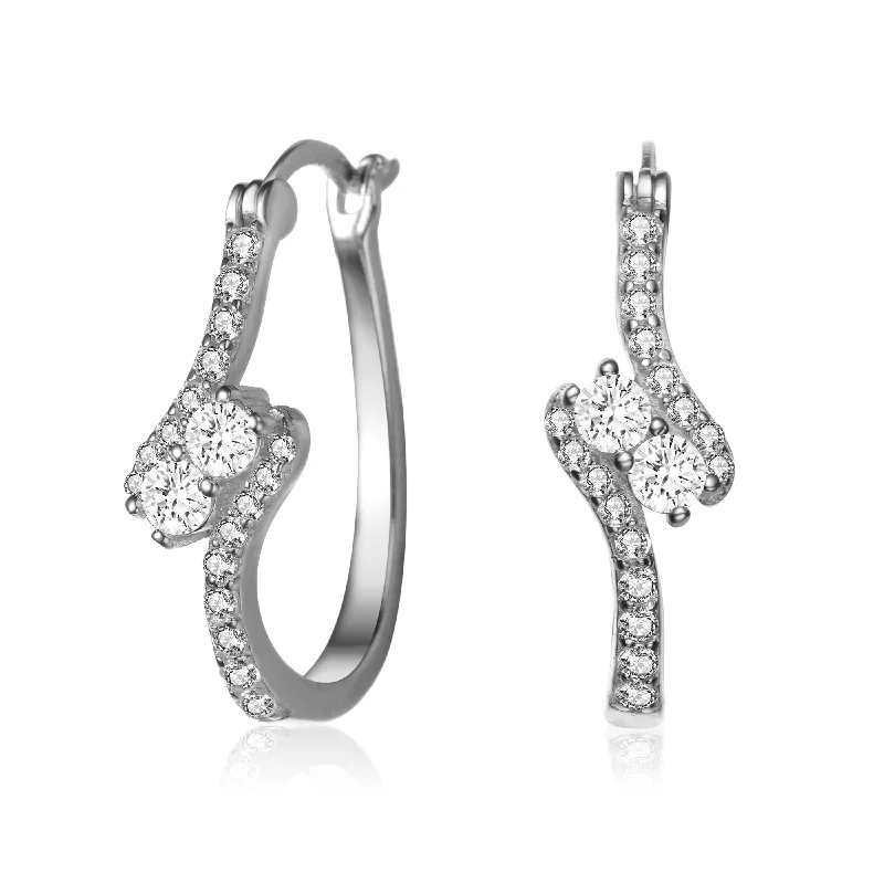 Earrings For Fest Nights-Sterling Silver with Rhodium Plated Clear Round Cubic Zirconias Pave Set Modified Hoop Earrings