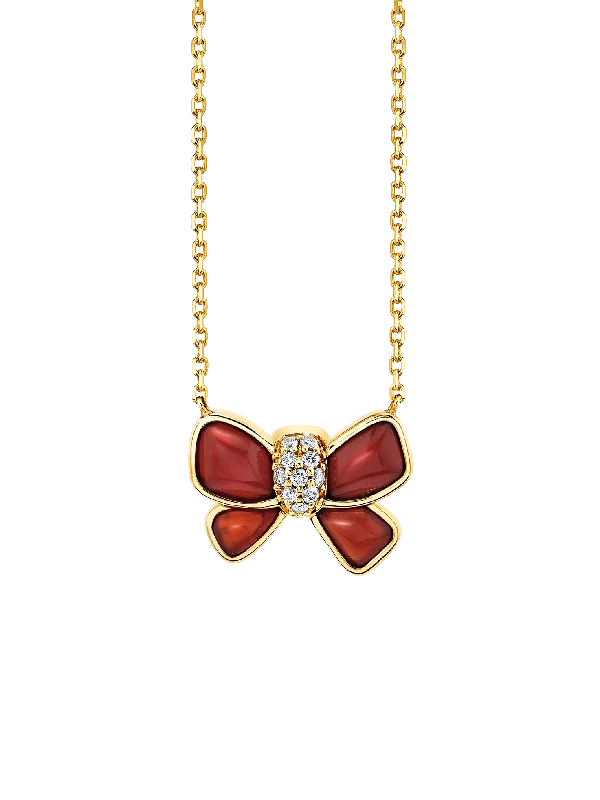 Necklaces With Tight Locks-Hand Carved Bow Necklace - White Diamond and Red Agate / 14k Yellow Gold