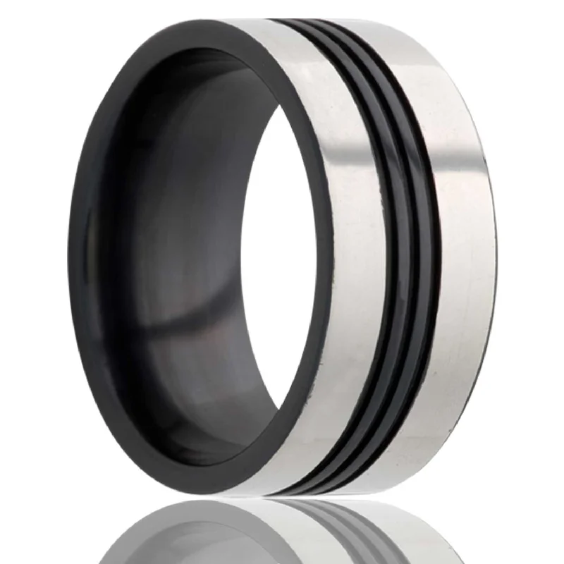 Rings For Loud Spark-Flat Zirconium Ring with Three Grooves