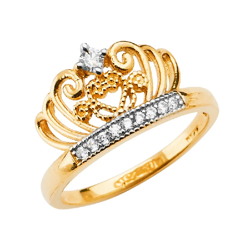 Low Gleam Rings-14K Solid Gold Round Cut CZ Princess Crown OR Tiara Ring