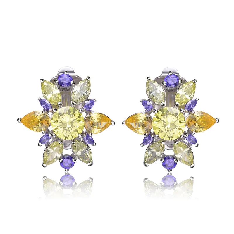 Best Grand Earrings-Cubic Zirconia Sterling Silver Rhodium Plated Lemon, Amethyst And Peridot Flower Earrings