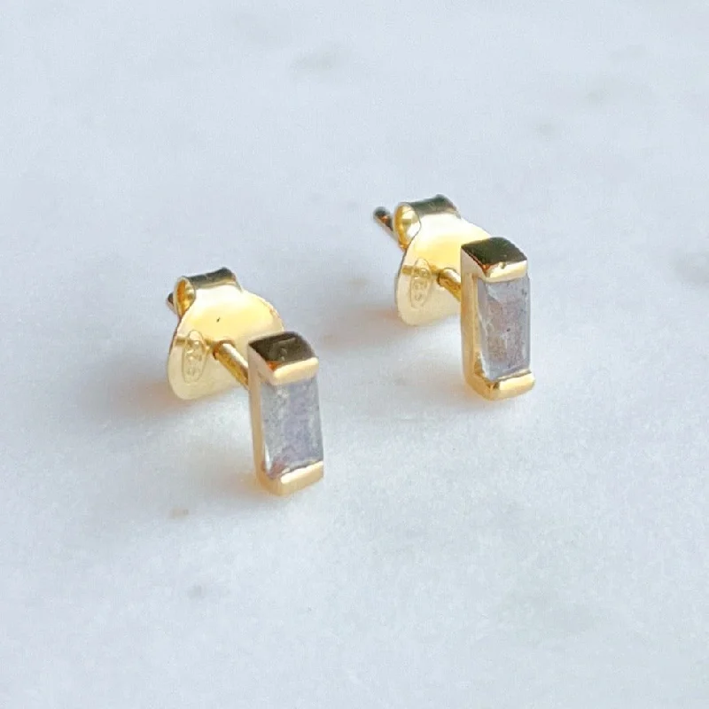 Warm Earrings For Peace-Gold Baguette Stone Stud Earrings: Labradorite