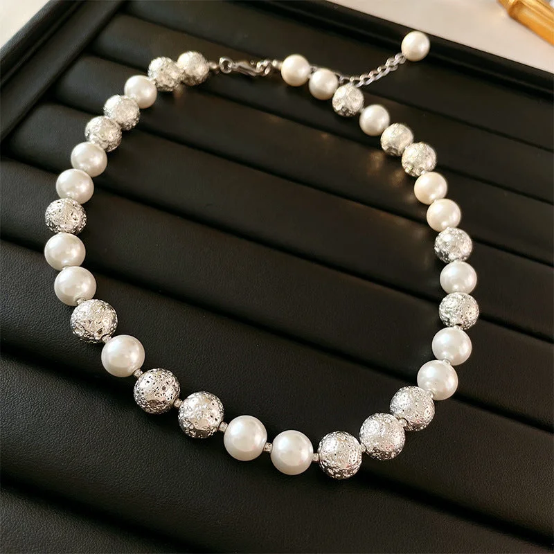 6# Necklace-Silver round Beads Baroque Pearl