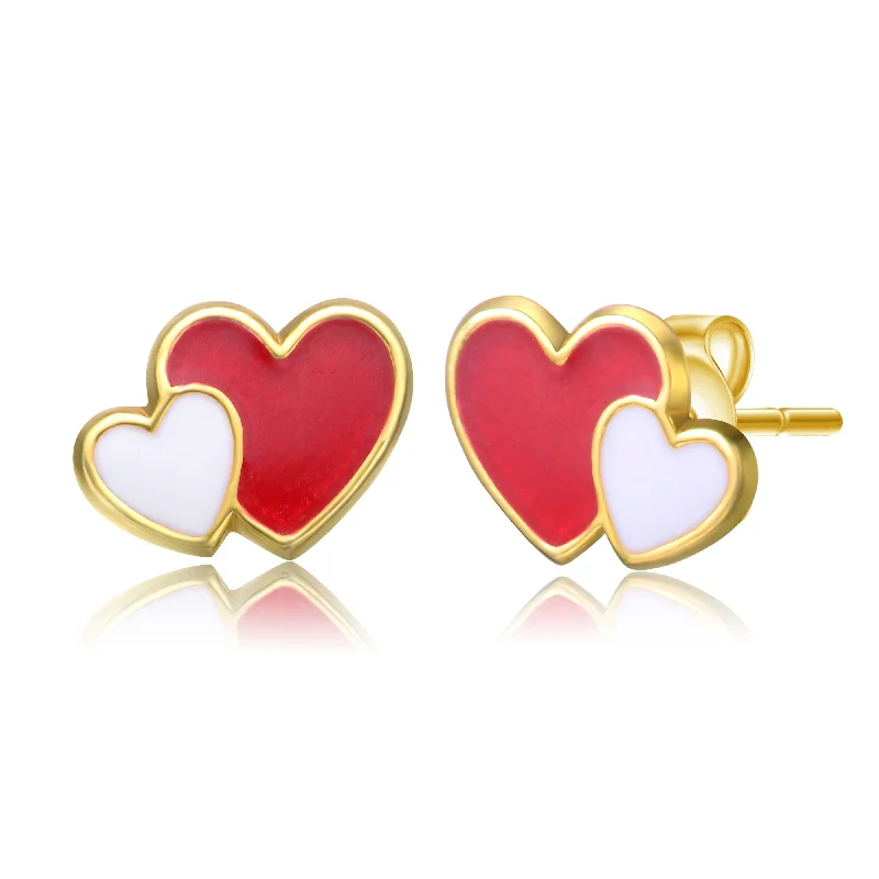 Earrings For Wet Flair-14k Gold Plated Red & White Enamel Double Heart Stud Earrings