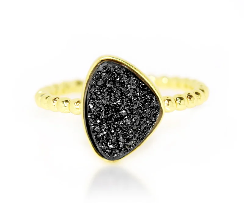 Bespoke Rings For Visionaries-Trillion Black Druzy 14k Gold Vermeil Ring