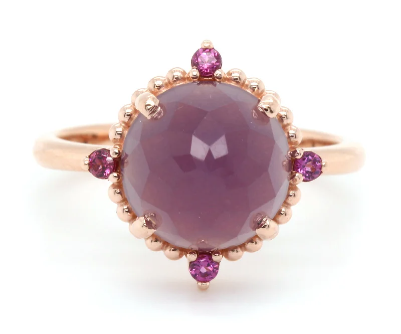 Rings Hot Bargains-Beaded Halo Sage Chalcedony Garnet Rose Gold Ring