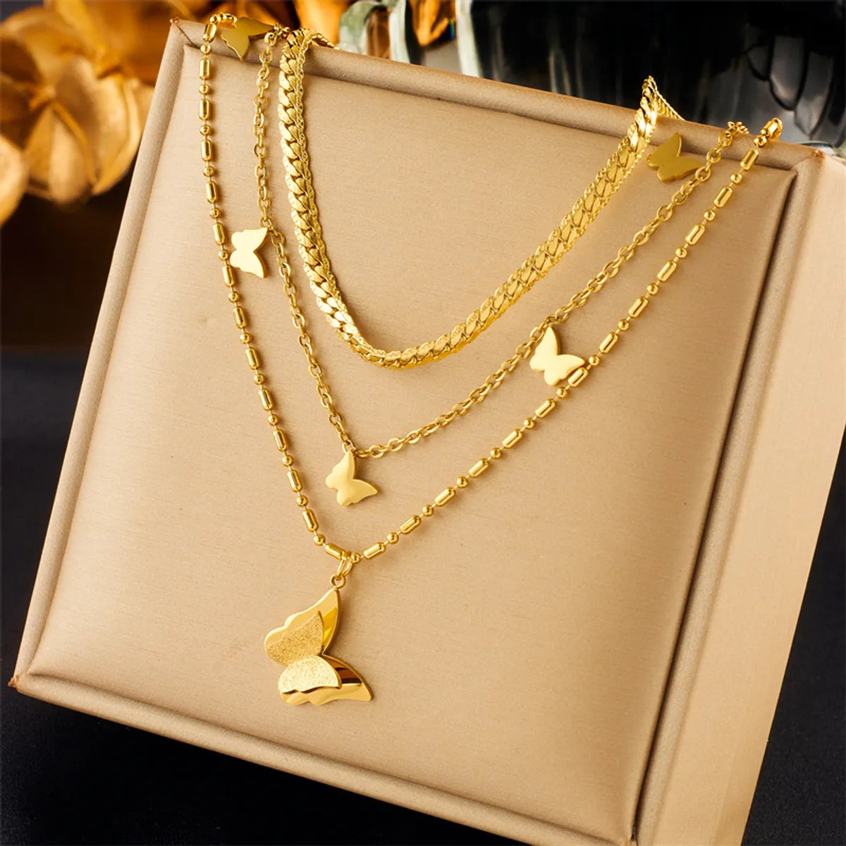 Necklaces For Bright Fits-Korean Style Butterfly Titanium Steel Layered Plating 18k Gold Plated Layered Necklaces