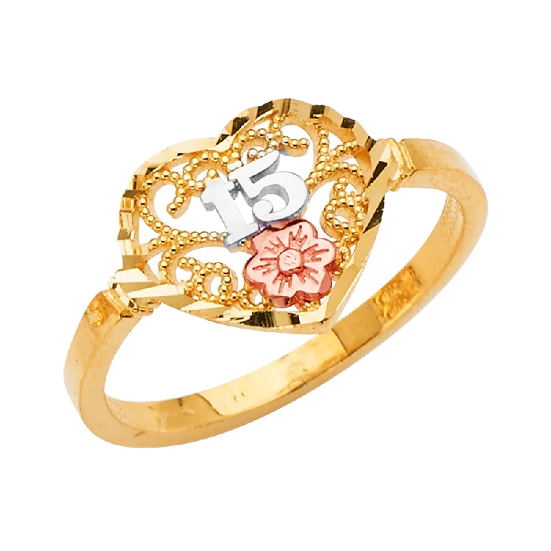 Rings With Orbit Designs-14K Solid Gold 15 anos Quinceanera Heart Cut Ring