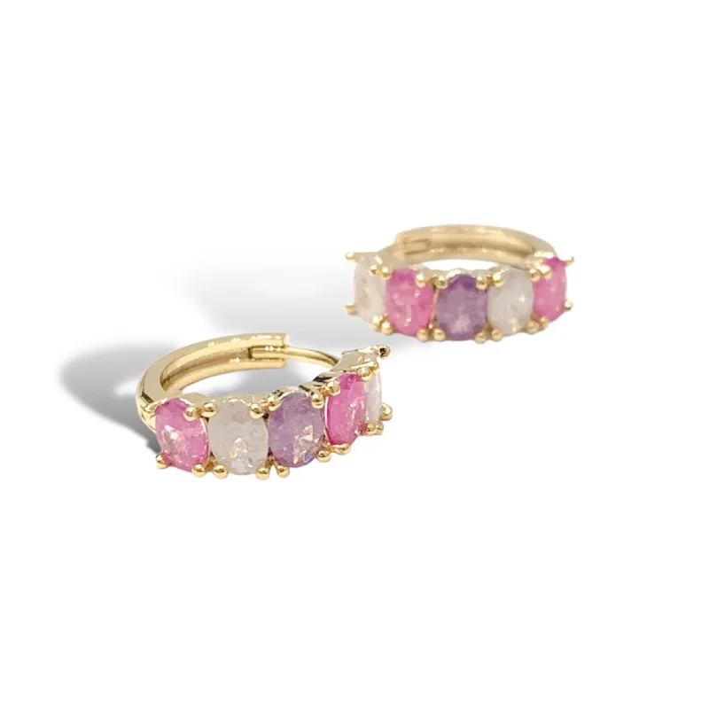 Earrings For Heat Shine-Pink + Lilac Crystal Huggie Hoop Gold Earrings