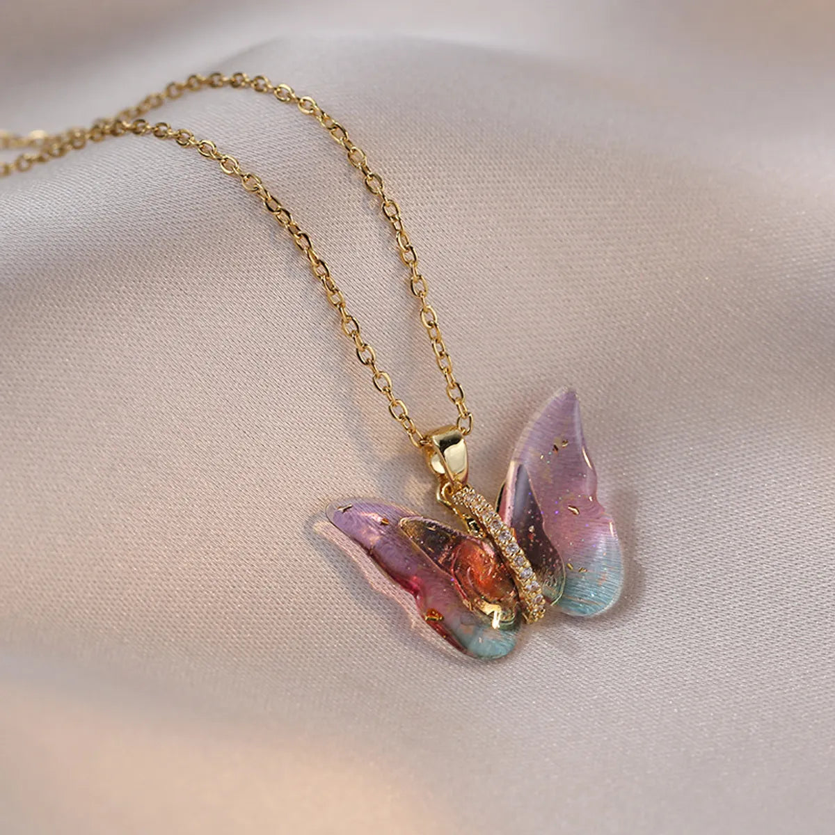 Reused Necklaces-Sweet Butterfly Titanium Steel Inlay Zircon Pendants Pendant Necklace