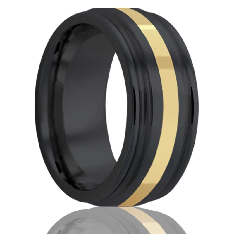 Rings With Lacework Bands-Double Grooved Edge Yellow Gold Inlay Black Zirconium Ring