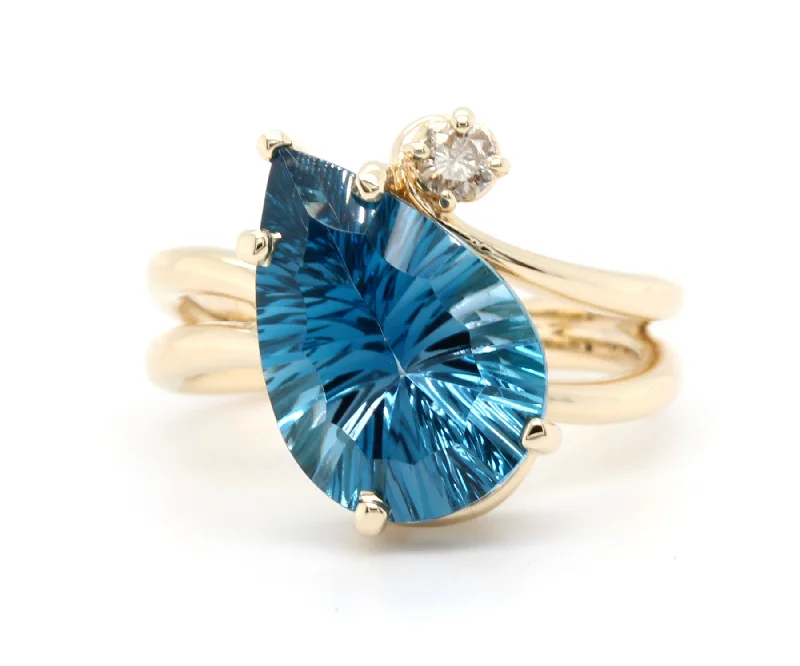 Rings For Small Grips-Offset Curved London Blue Topaz Diamond Gold Ring