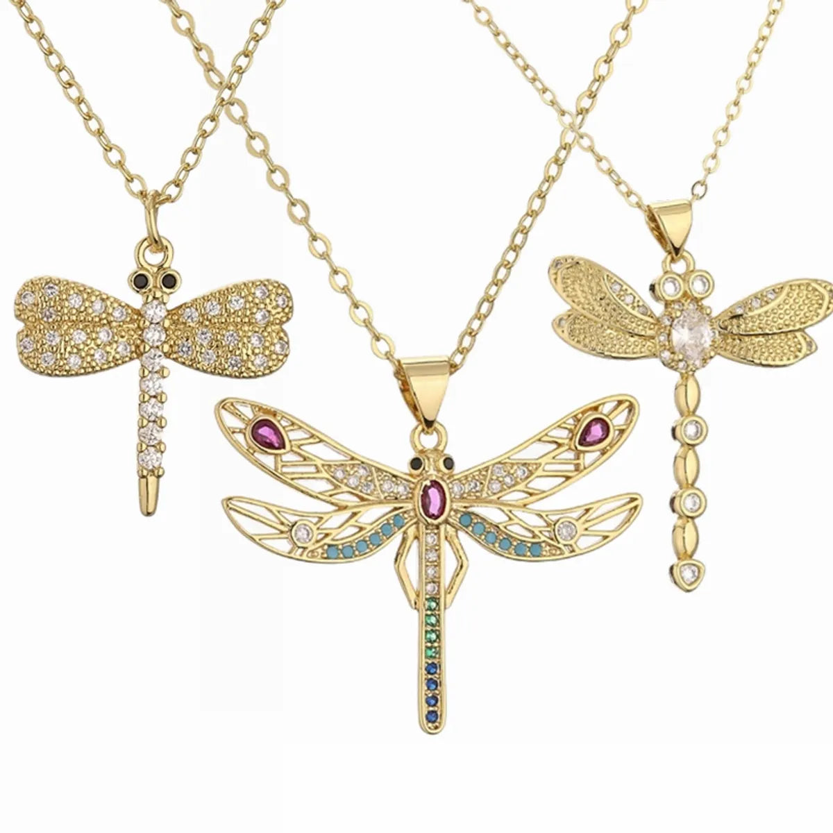 Necklaces For Sleek Trends-1 Piece Fashion Dragonfly Copper Plating Inlay Zircon Pendant Necklace