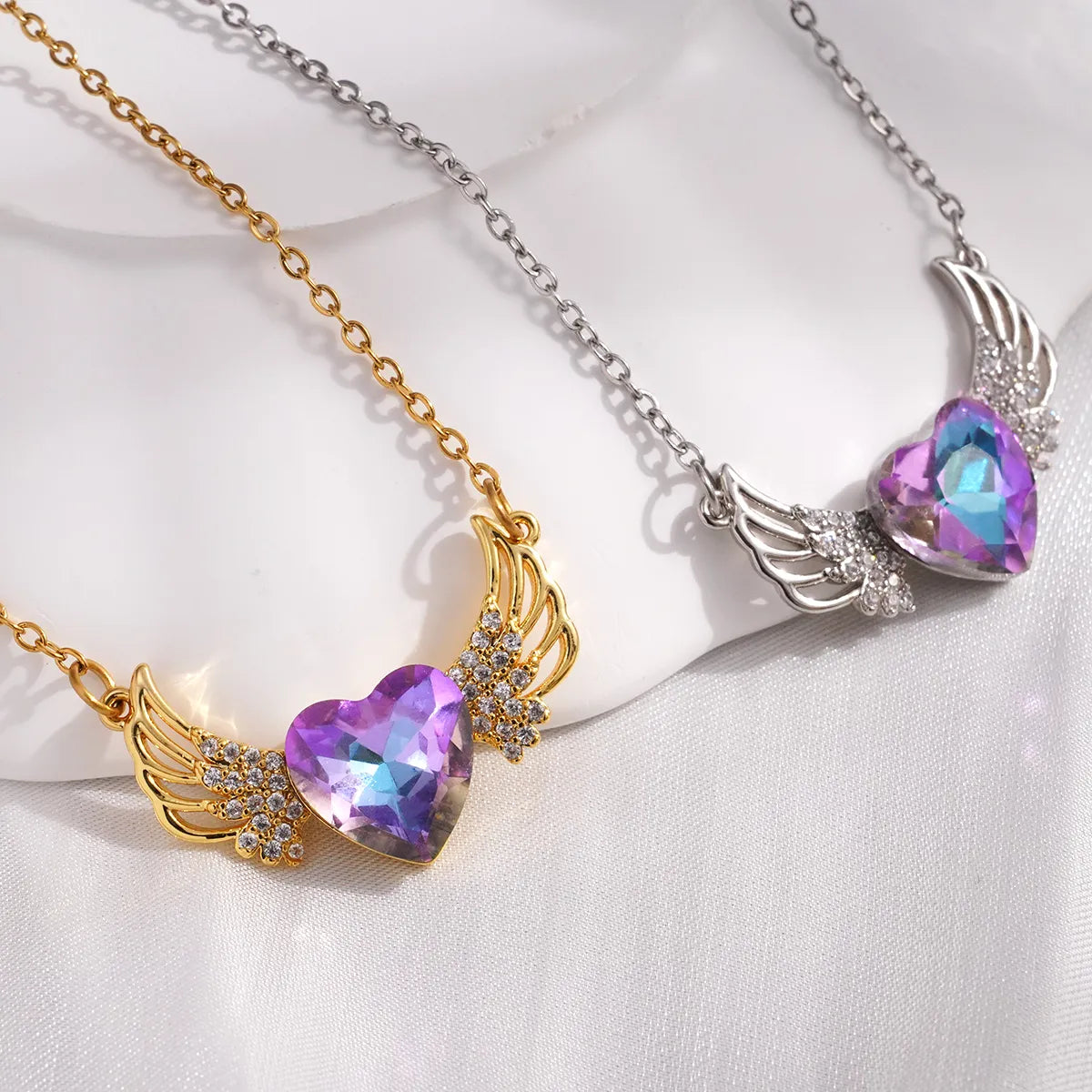 Necklaces For Bright Flair-304 Stainless Steel Copper Inlay Heart Shape Wings Zircon Necklace