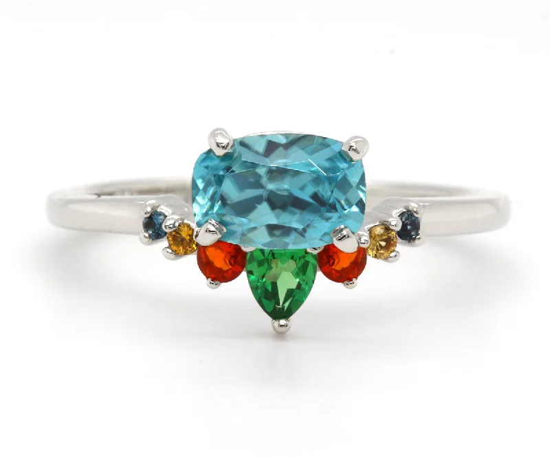 Rings For Stark Shine-Fiesta Zircon, Tsavorite Garnet, Sapphire, Mexican Opal Ring