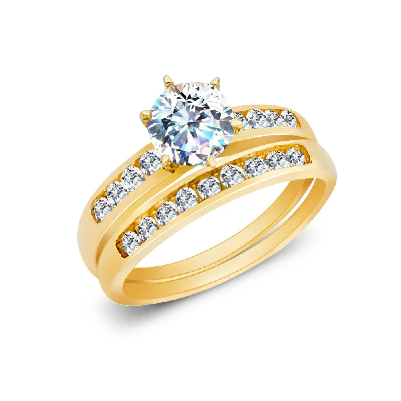 Rings Aura Lessons-14K Solid White Gold OR Yellow Gold 1 Ct Round Cut CZ Solitaire 3MM Women's Engagement Ring and Wedding Band 2 Piece Bridal Set