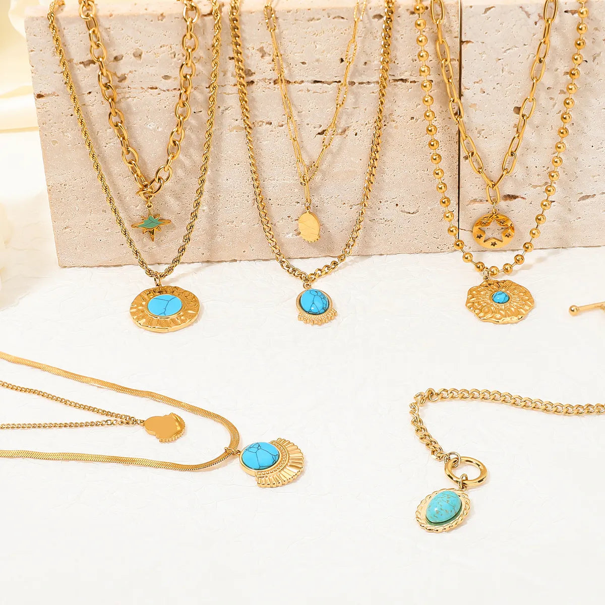 Necklaces Fit Feel-Retro Simple Style Sector Star Oval Stainless Steel Toggle Plating Inlay Turquoise Gold Plated Necklace