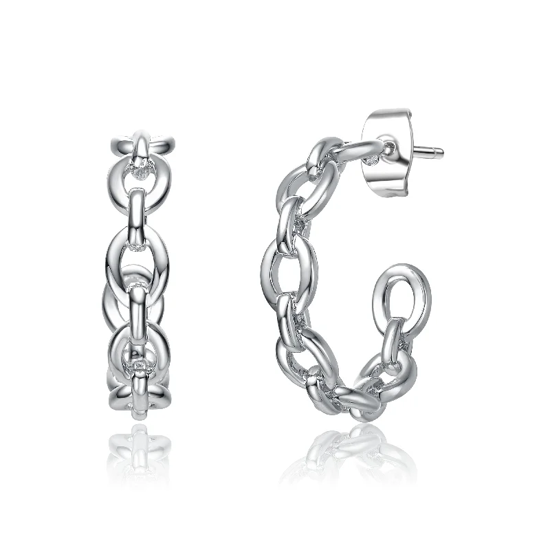 Earrings Spark Guide-White Gold Plated Sterling Silver Modern Chain Link C-Hoop Earrings