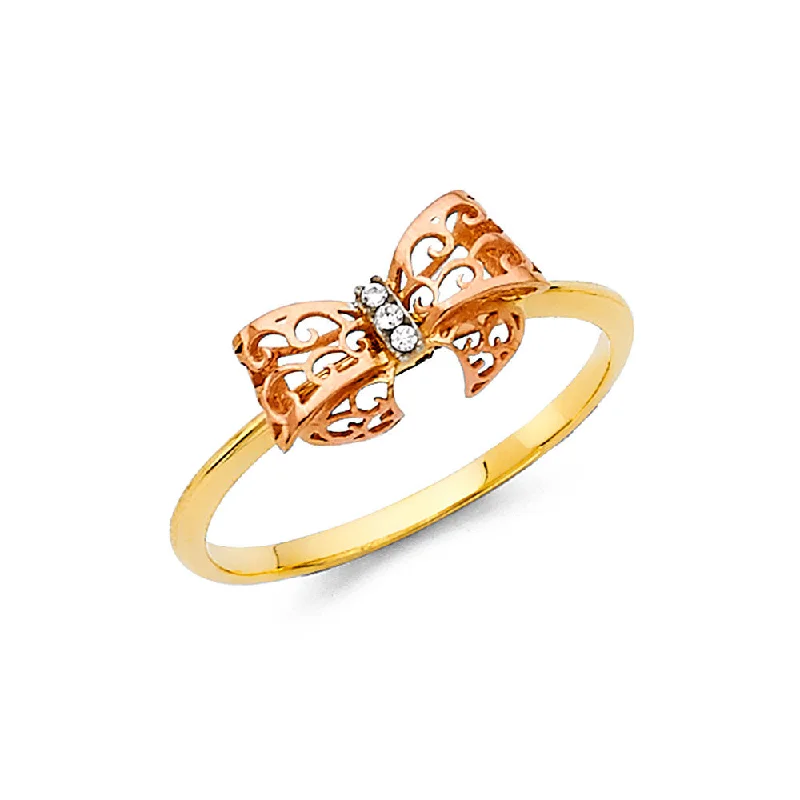 Rings For Sprouting Teens-14K Solid Gold Gift Bow CZ Fancy Ring