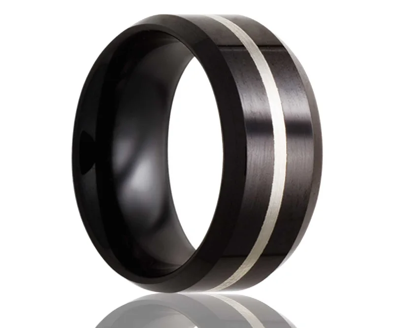 Rings Worth Hacks-Black Beveled Edge Silver Inlay Ceramic Ring