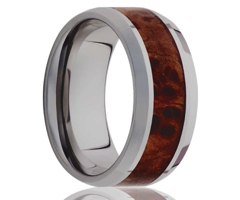 Best Silent Rings-Men's Beveled Edge Tungsten Ring Burl Wood Inlay