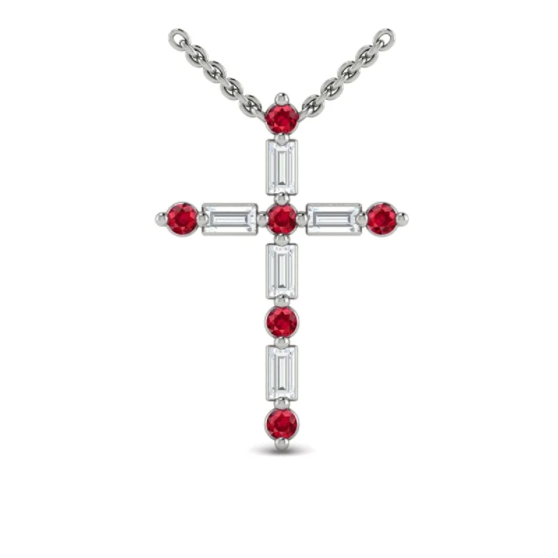 Necklaces For Slim Lines-Diamond Baguette and Ruby Cross Pendant Necklace