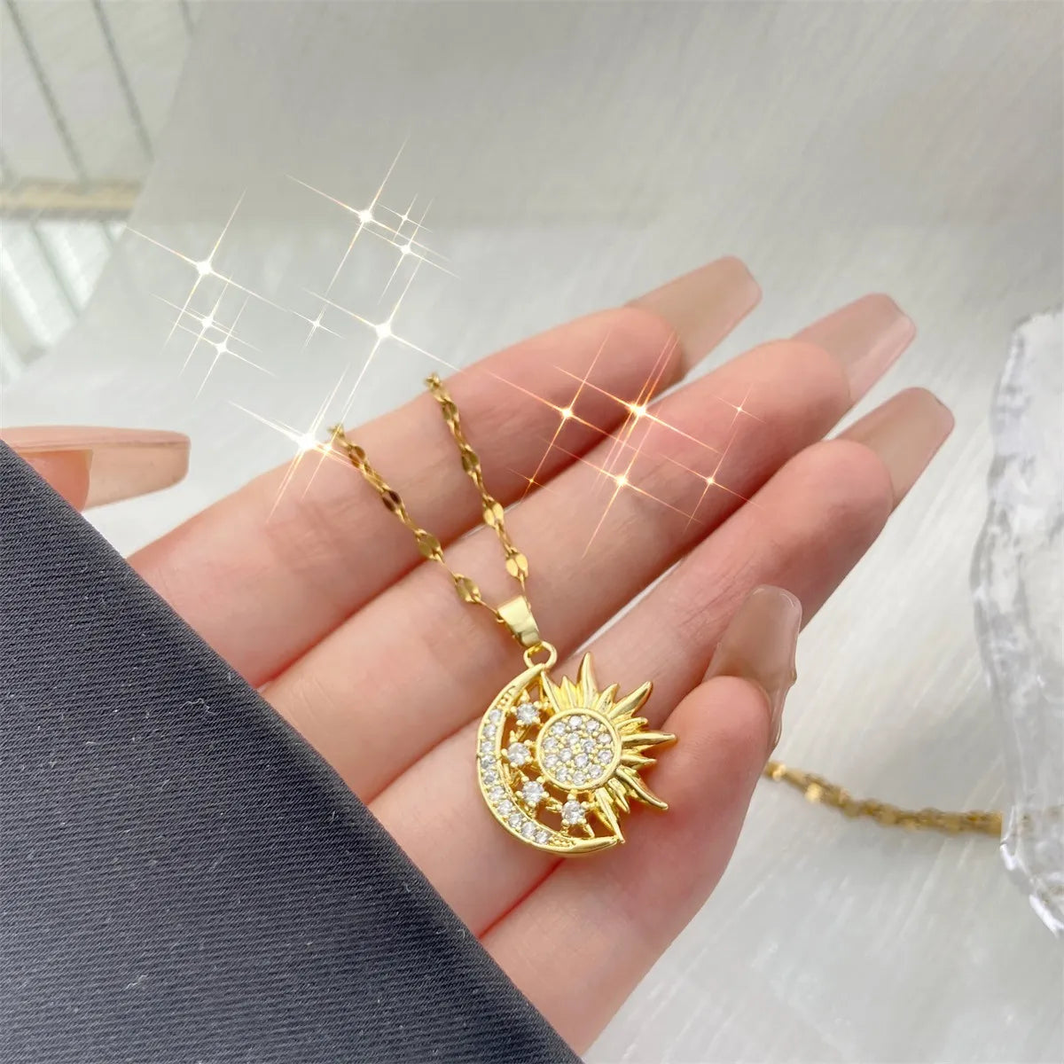 Necklaces For Rich Tones-Artistic Sun Moon Stainless Steel Copper Plating Inlay Zircon Pendant Necklace