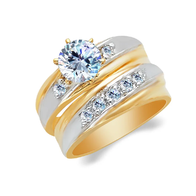 Hard Rings For Guts-14K Two Tone Solid Gold 1 Ct. Round Cut Solitaire CZ Wedding Engagement Ring 2 Piece Bridal Set