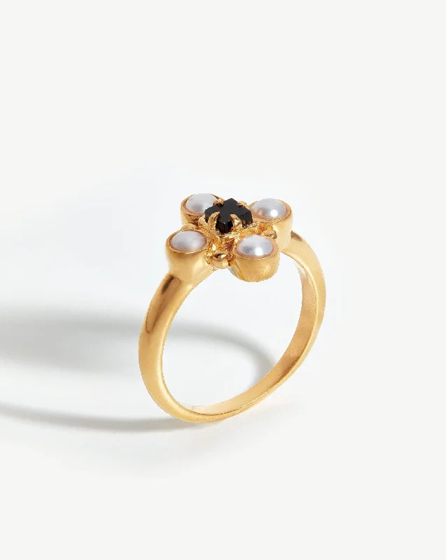 Rings For Fresh Wearers-Harris Reed Quartet Ring | 18ct Gold Vermeil/Pearl & Black Onyx