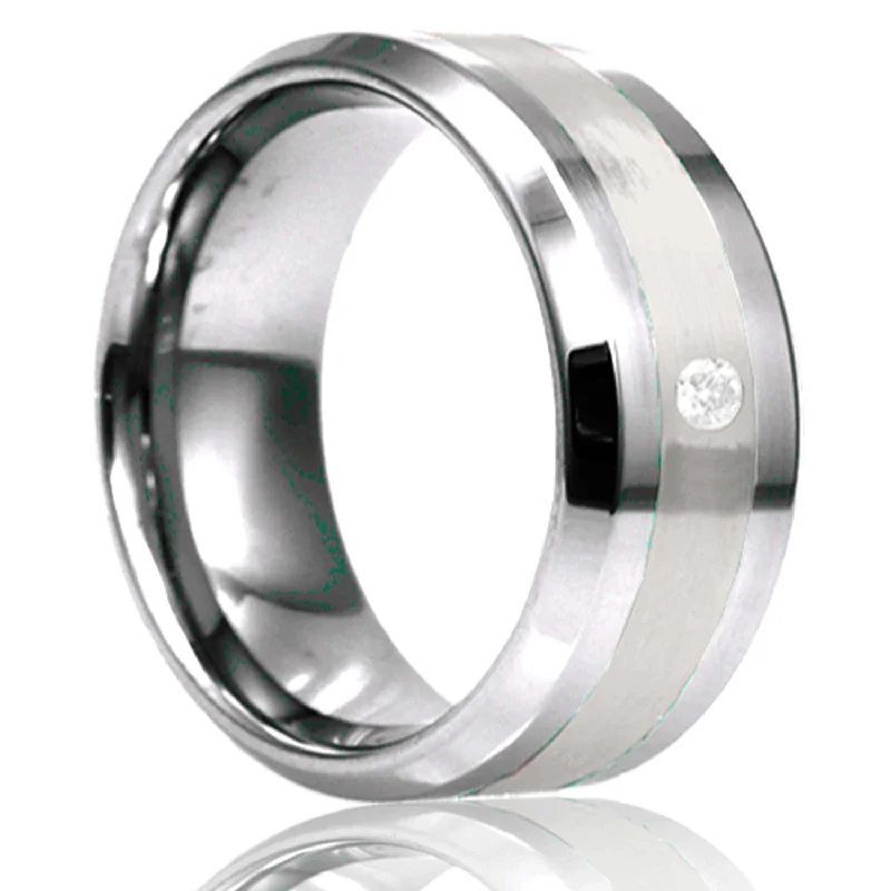 Best Nab Rings-Men's Beveled Edge Tungsten Ring With Platinum Inlay And One Stone