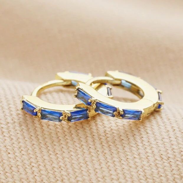 Earrings Trade Guide-Blue Baguette Crystal Huggie Hoop Earrings