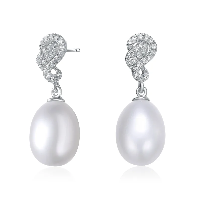 Earrings For Dim Pop-Cubic Zirconia Sterling Silver Rhodium Plated Swirl Design White Pearl Drop Earrings