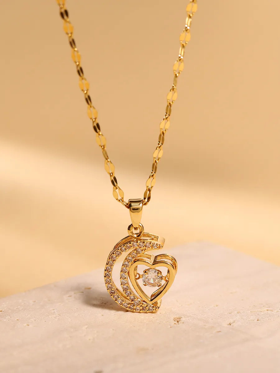 Necklaces For Low Pop-Elegant Heart Shape Stainless Steel Plating Zircon 18k Gold Plated Pendant Necklace