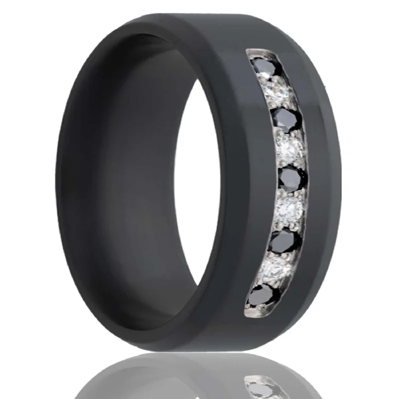 Rings For Tandem Layers-Black and White Diamond Black Zirconium Ring