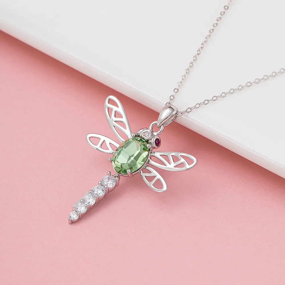 Necklaces For Neck Rookies-Sterling Silver White Gold Plated IG Style Simple Style Shiny Handmade Polishing Inlay Dragonfly Zircon Pendant Necklace