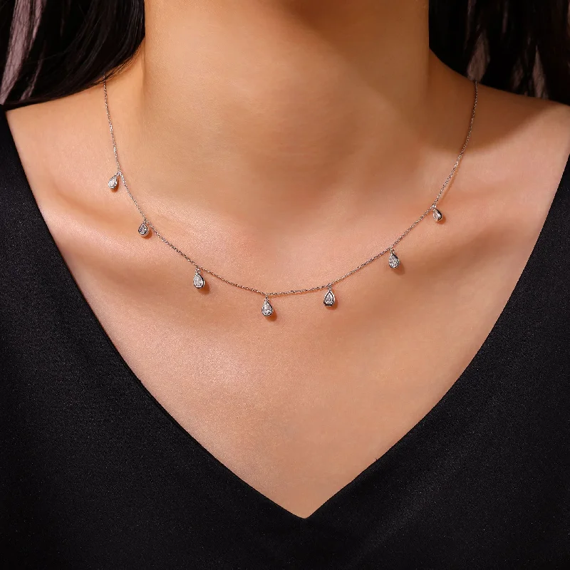 Necklaces For Pale Skin-Bezel Set Pear Shaped Diamond Droplet Necklace