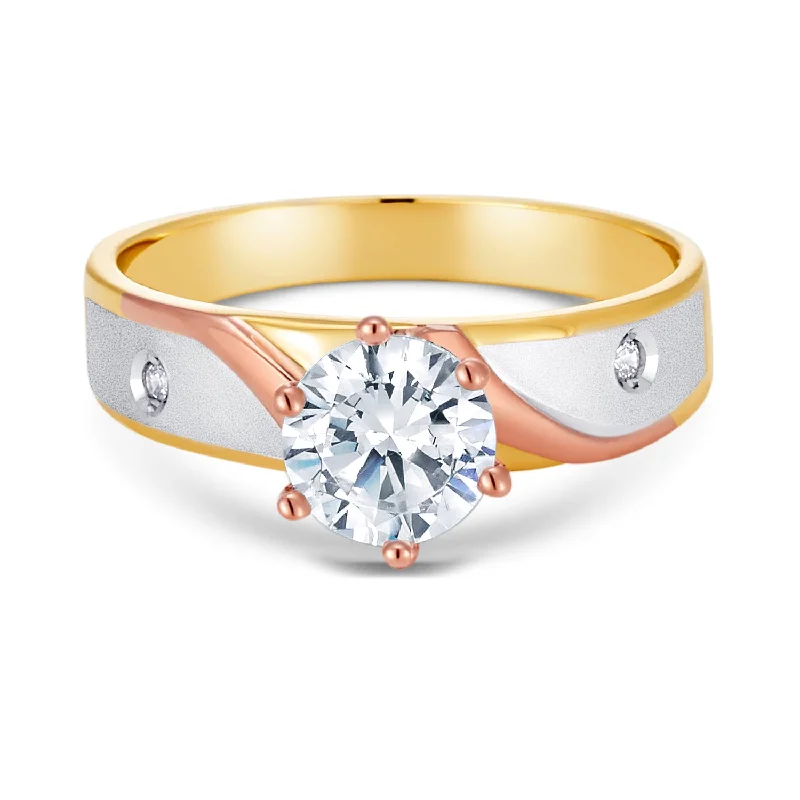 Rings For Quiet Spark-14K Tri Color Solid Gold 1 Ct. Round Cut CZ Engagement Ring and Wedding Band 2 Piece Bridal Set