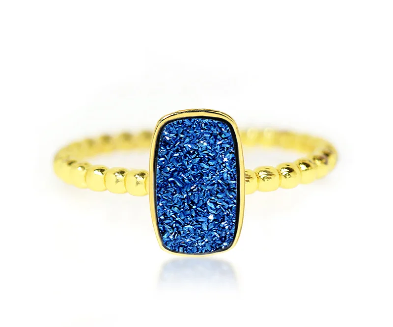 Rings With Hammered Frames-Vertical Rectangle Sapphire Blue Druzy 14K Gold Ring