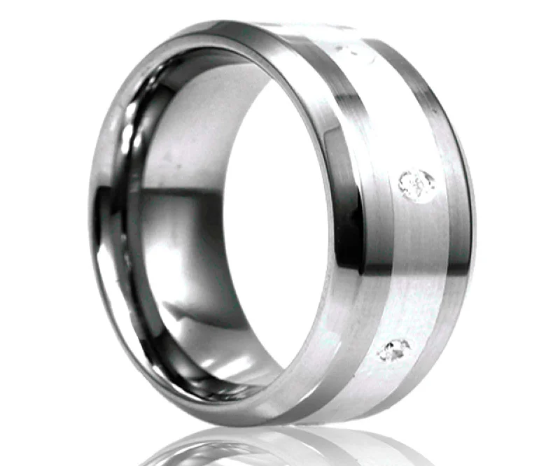 Stout Rings For Toughness-Men's Beveled Edge Tungsten Diamond Eternity Ring With Silver Inlay