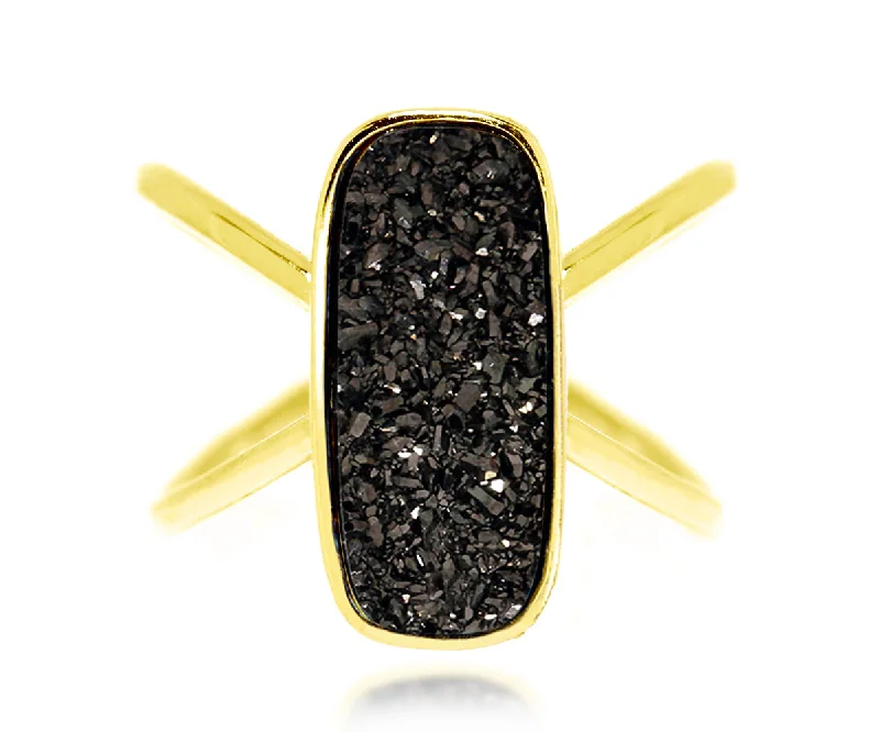 Rings For Gleaming Looks-Criss Cross Rectangle Black Druzy 14k Ring