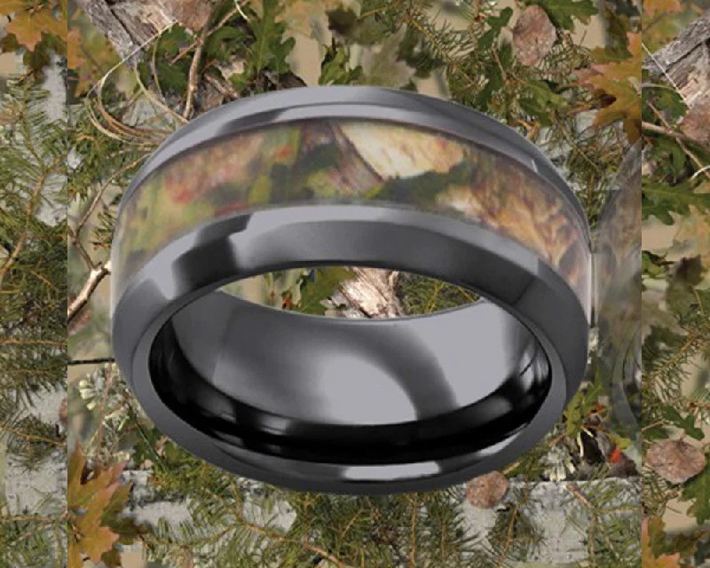 Rings For Rooftop Revels-Beveled Edge Woodland Pine Black Ceramic Ring