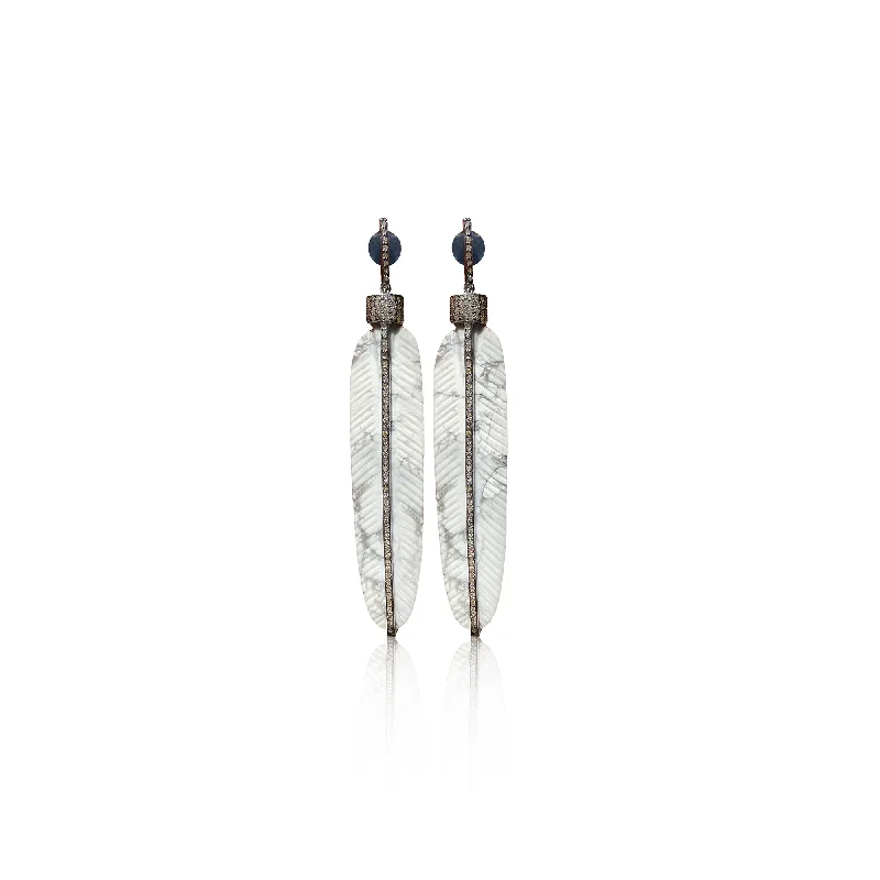 Earrings With Full Hoops-Carved Howlite Feather Earrings