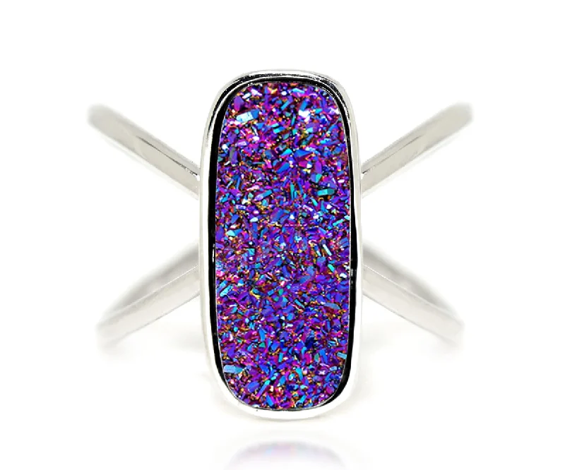 Best Wispy Rings-Criss Cross Rectangle Purple Rainbow Druzy Ring